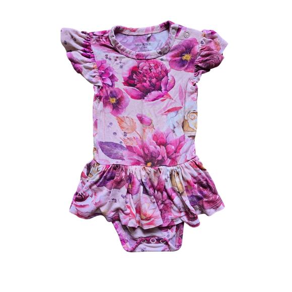 Posh Peanut Bamboo Pink Bold Floral Twirl Skirted Bodysuit Dress Size 3-6 Months - Picture 1 of 3